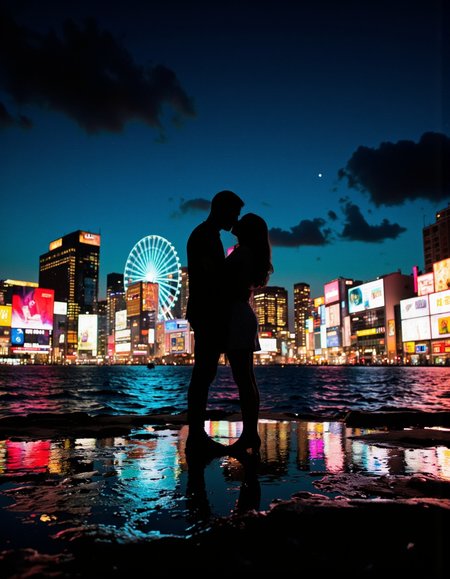 By Ibai Acevedo. A photorealistic low angle shot, capturing a romantic scene of a kissing couple standing in a sea with a backgrounf of a cityscape at night, silhouetted against a vibrant neon-lit cityscape. The couple, a man and a woman, their faces close together, their silhouettes illuminated by the bright lights of the city. The cityscape behind them is filled with colorful neon signs and a large Ferris wheel, adding to the vibrant atmosphere of the scene. The sky is dark, with a few clouds scattered across it, creating a sense of depth and dimension. The puddle of water reflects the lights of the surrounding buildings and structures, making the scene even more captivating. The overall mood of the image is one of intimacy and connection, with the couple standing close together, their long hair cascading down their backs as they gaze into each other's eyes.