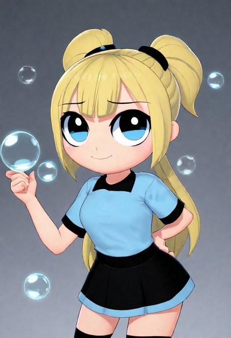 masterpiece, best quality, a girl, ppg, powerpuff girl style,blue eyes,blue shirt, long hair,blonde hair,bubbles,happy, <lora:ayane_amamiya:.7>