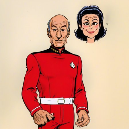 a drawing of a man in red uniform in the style of gotlib, troi, picard <lora:gotlib-sdxl-v1:0.7>  <lora:star_trek_tng_v10_sdxl:0.6>