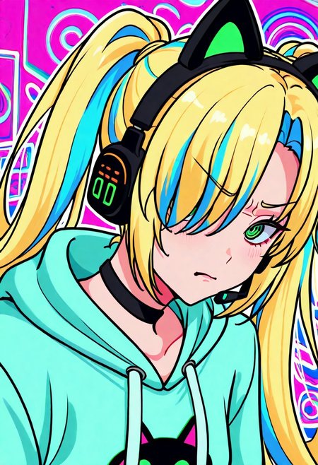masterpiece, best quality, absurdres, highres, chromatic aberration, 1girl, solo, green eyes, eyelashes, long hair, two-toned hair, blonde hair, blue hair, twintails, bangs, hair over one eye, headset with fake cat ears, black choker, long oversized hoodie, angry, looking at viewer, hypnotized eyes, gamepad controler, upper body, closeup, face focus, simple background, psychedelic background, highly detailed, neon lights, vivid colors