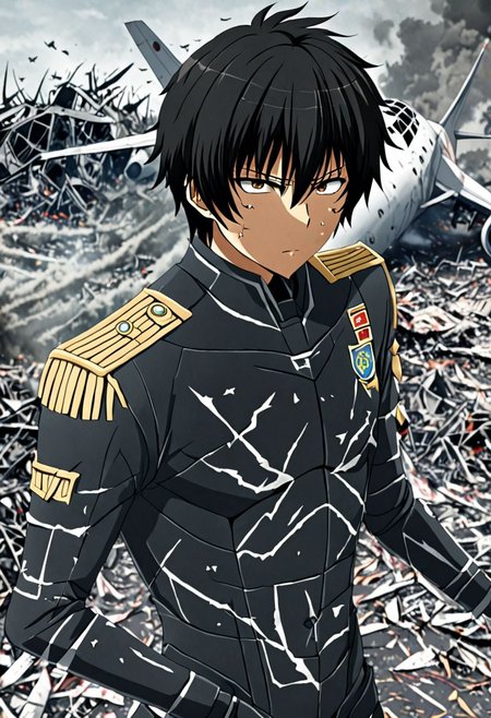 high resolution, solo, best quality, 1Boy, Seiya Kanie, black hair, short hair, thin, dystopia, Plane Crash, OverallDetail