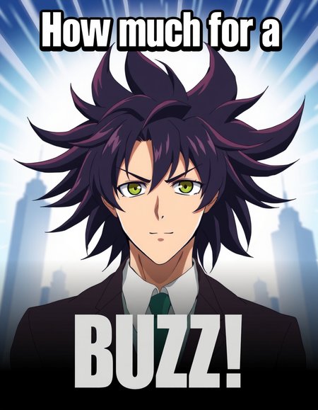 movie poster with BIG BOLD TEXT "How much for a BUZZ" written at the top with a man with comically long wild hair, anime artworkâââ