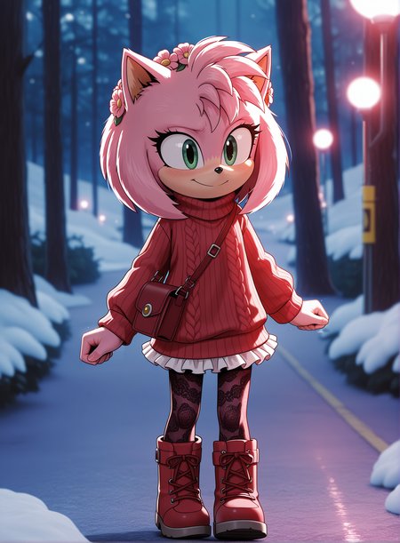1girl, solo, full body, no humans, furry, blurry background, 
<lora:Movie-Amy_v3:1> movieamy, petite, short legs, happy, smile, short,
mori girl, oversized sweater, frilled skirt, lace pantyhose, satchel, flower crown, (medium shot), trekking through a forest, detailed face, located in a winter scene at a wintry snow-covered garden during night with windy weather, illuminated by streetlights casting shadows, creating a festive,peaceful atmosphere, extremely detailed, highres, masterpiece, best quality