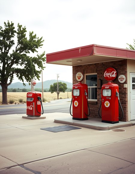 A realistic vintage photograph of a 1950s American gas station with no people present. The small brick building has a flat roof with a wide canopy extending over two classic red gas pumps from the 1950s, featuring chrome details, round meters, spiral hoses, and retro branding like "Texaco" or "Shell".The ground is old concrete with cracks and oil stains. Beside the station, there's a vintage Coca-Cola vending machine and a hand-painted wall sign that reads âDrive Safely!â. The sky is lightly overcast, casting soft shadows and a nostalgic mood. In the background, leafy trees, distant low hills, and an empty country road stretch into the distance. The photo has a slightly faded, desaturated color palette with warm vintage tones and a subtle grain, mimicking the look of 1950s Kodak film photography. The overall atmosphere is calm, quiet, and deeply nostalgic.
<lora:SDXLFaeTastic2400:0.4> <lora:extremely_detailed:0.4> extremely detailed, <lora:1950s_American_gas_st4t10n:1>,1950s American gas st4t10n, Masterpiece,best quality,hi res,8k,hi res,8k,award winning,(sharp focus, intricate, highly detailed),
