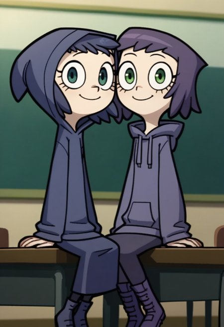 score_9, score_8_up, score_7_up, score_6_up, score_5_up, score_4_up, 2 girls in image, sitting on desks, smiling, looking at viewer, arms around each other, friends, 
BREAK, 
1 girl, square head, green eyes, squinch, round eyes, long hair, dark blue hair, dark blue dress sweater, black leggings, small black boots, 
BREAK
1 girl, short hair, purple hair, long eyelashes, purple hoodie, purple skirt, purple shoes, , hood up