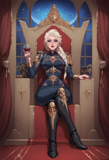 score_9, score_8_up, score_7_up, 1girl, elsa (frozen), military uniform, sitting, on throne, leaning back, crossed legs, holding cup, wine cup, wine, throne, throne room, expressionless, roguetraderstyle  <lora:Expressive_H:0.6> Expressiveh <lora:[GP] somethingweird [Pony XL]:0.2> <lora:fellatrix_style:0.4> <lora:princess_xl_v2:0.4>   <lora:sinfully_stylish_SDKL:0.4><lora:Sinozick_Style_XL_Pony:0.> sinozick style <lora:officialpit_v2-8:0.4> <lora:takledaXLANI31lokrV4236:0.8><lora:roguetraderstyle:0.8>  <lora:Inquisitor_-_Warhammer_40000_Pony_SDXL:0.8> nqstrman