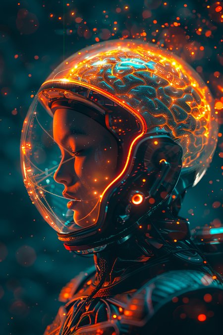 scifi, futuristic, nano nucleus, clear shelled helmet, woman brain spark electric style of laniakea supercluster surreal back lit 

