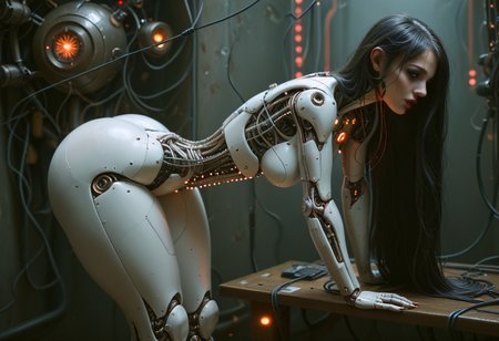 high quality, best quality, ultra-detailed, very aesthetic, source_realistic, 1girl, solo, Long black hair, swept bangs, curtained hair, dark brown eyes, dark makeup, cat eyeliner, red lipstick, beautiful lips, red long nails, very pale skin, curvy, medium breasts, thick thighs, round ass, dynamic pose, pinup pose, dim light, (sci-fi, perfect anatomy, android girl, erotic pose, reelmech, mechanical parts, cable, wires, machinery, joints, mecha, (medium breasts), ((fat ass, thick thighs, small waist)), high-contrast setting, alien android, flowing black hair, very long hair, dark moody dramatic background, glowing red, spaceship cockpit, galaxy, space, stars, planets, bright colors contrasted against dark background, (red neon glow) from consoles and screens, bright led lights, buttons, switches, (charging), conduit, bending forward, using console, glowneon, mechanical high heels), ultra-definition, fine details, high resolution, 8K wallpaper, perfect dynamic composition, (((tighs to head focus))), raw, photo, realistic