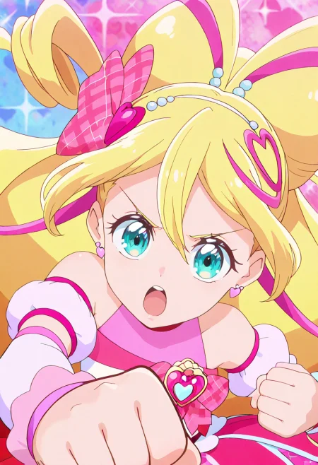 masterpiece, best quality, absurdres, very aesthetic, general,
cure idol, 1girl, blonde hair, solo, blue eyes, open mouth, pink bow, sparkle, multicolored hair, punching, two-tone hair, hair bow, wrist cuffs, clenched hands, clenched hand, looking at viewer, hair between eyes, :o, heart hair ornament, upper body, ponytail, pink choker, aqua eyes, heart earrings, serious, eyelashes, gradient hair, foreshortening, pink background, streaked hair, detached sleeves, plaid bow, fighting stance, eyebrows visible through hair, arm warmers, incoming attack, v-shaped eyebrows, drill hair, very long hair, puffy short sleeves, shiny hair, heart background, half updo, multicolored background, incoming punch, outstretched arm, angry, hair ribbon, anime coloring, twin drills, blurry background, pink hair, pink ribbon, blue background, close-up, pose, heart brooch, sparkle background, pink theme, upper teeth only, white sleeves, drill sidelocks, pink dress,  white hairband, 
<lora:cure_idol_sakura_uta_illustXL_locon_v1:0.8>