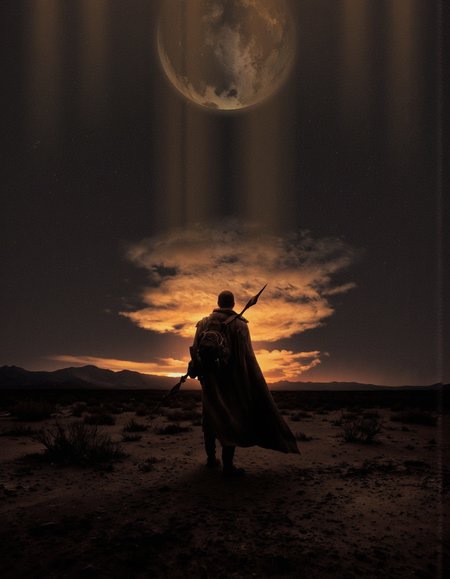 Art by Brooke Shaden & Piotr JabÃÂoÃÂski. A digital illustration shoot from a low-angle perspective about a silhouette of a man standing in a desert landscape, facing a distant sunset, holding a spear in his right hand. the man, who appears to be in his mid-twenties, is standing in the middle of the image, facing away from the viewer, with his back to the viewer. he is wearing a long, dark robe and has a backpack slung over his shoulder. the background features a vast expanse of desert with distant mountains and a distant planet, illuminated by a warm, orange glow from the setting sun. the sky is filled with dark clouds and streaks of light, creating a dramatic contrast with the man's figure. the overall mood is dramatic and moody, with a sense of mystery and adventure.
