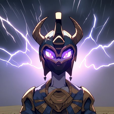 score_9, score_8_up, score_7_up, source_anime,  solo,  facing front,  close up, upper body shot, eye contact, looking at viewer, 
Solo focus, Storm God Mewtwo (purple skin, tail, horns, no ears, no nose, hairless, bald, glowing eyes),
 Egyptian style clothes (robes and armor, headdress (helmet, crown, mask) , ancient egyptian clothes), 
Floating in the air, arms outstretched, flying, purple lightning striking the earth, 
Background (black sky, Sand dunes, thunderstorm, storm, hurricane, stormy sky, violet clouds) , 
<lora:pony/expressiveh:0.8> expressiveh,