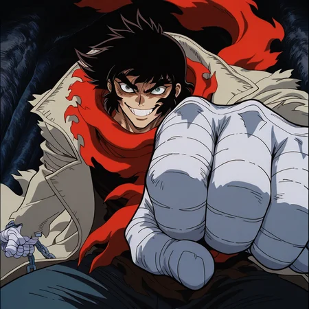 1boy,solo,<lora:IL_nagare_ryoma_Getter_Robo_Armageddon:1>,c_gett,nagare ryoma,
trench coat,torn clothes,shirt,bandages,red scarf,g-pant,foreshortening,dutch angle,chain,close-up of face,crazy smile,looking at viewer,, masterpiece,best quality,amazing quality,very aesthetic,absurdres,