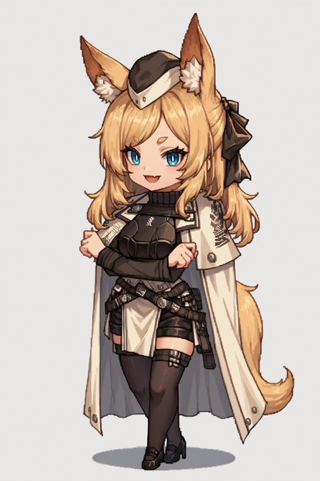 score_9, score_8_up, score_7_up, , rating_general,1girl ,wssd, animal ears, tail, hair ribbon, garrison cap, ribbed sweater, long sleeves, breastplate, white cape, pouch belt, black shorts, pelvic curtain, black thighhighs, high heels, source_anime, smile, :3,  skin fang, open mouth, naughty face, <lora:WhislashPDCAMEv2L AK-000006:1>,<lora:GBFPixelPDCAME Style:1>, pixel art, 2d, full portrait, simple background, white background, chibi,