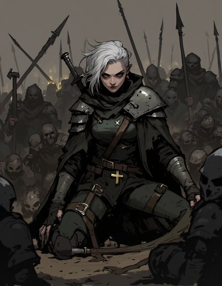 Ev Ganin style. The image is a digital drawing in a dark, gritty, and dramatic style, reminiscent of fantasy art. It depicts a lone warrior, a female with pale skin and short, platinum-blonde hair, sitting in the center of a chaotic battlefield. She is dressed in dark, armored attire, including a black, tattered cloak, a metal breastplate, and gauntlets. A cross emblem is visible on her chest plate. Her expression is stern, with a determined look in her eyes. <lora:Ev_Ganin:1.0>