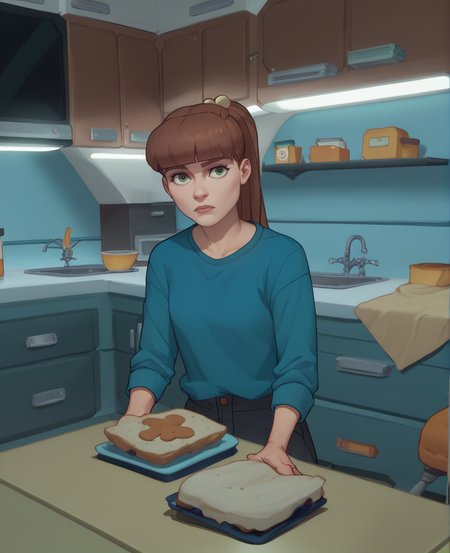 score_9,score_8_up,score_7_up,score_6_up,
amandaxl,ponytail,brown hair,bangs,hair bobbles,green eyes,
blue shirt,
base,science fiction,kitchen,peanut butter and jelly sandwich,counter,
<lora:MonsterGirlA:0.9>,