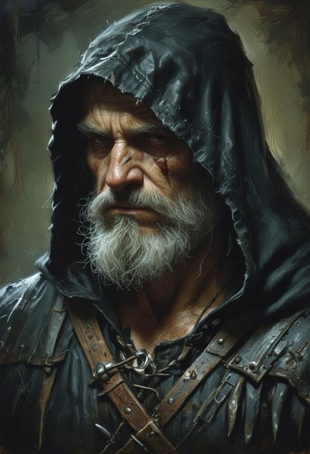 old witcher  hooded, top hard light, Dark environment, black over black, highly detailed,  masterful painting in the style of Anders Zorn | Marco Mazzoni | Yuri Ivanovich, Aleksi Briclot, Jeff Simpson, oil on canvas