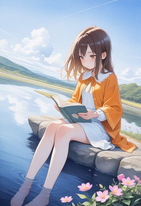 1girl, masterpiece, best quality, amazing quality, dynamic angle, watercolor, flowers of seasons, lake side, sitting, reading a book
