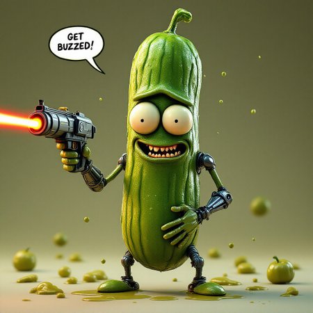 Hyperrealism, hyper realistic, 3D, blender style, a cucumber with robotic arms and legs, pickle Rick from Rick and Morty show holding a lazer gun while saying in a speech bubble while laughing like crazy: "GET BUZZED!", big realistic eyes, pickle juice dripping all around,