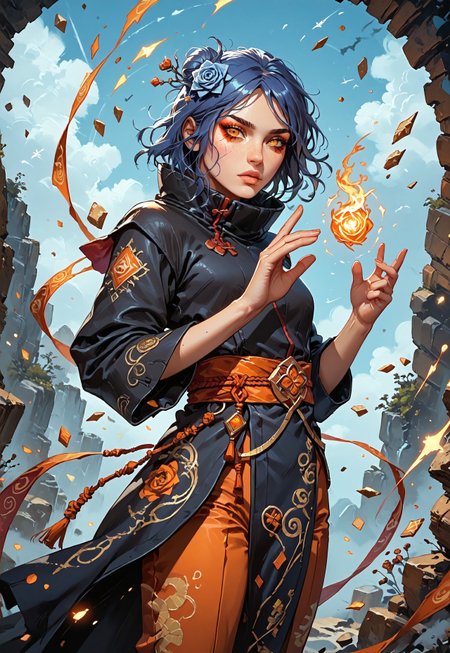 ((zPDXL3)), ((masterpiece,best quality, highly detailed)), ((score_9)), score_8_up, score_7_up, score_6_up, score_5_up, score_4_up, Digital painting style, brushstrokes, ((EnhanceImage)), solo, 1girl, KonanNSHXL, makeup, orange eyes, blue hair, short hair, single hair bun, hair flower, medium breasts, high collar, black coat, coat with cloud print, long sleeves, pants, sandals, origami, swirls of origami, origami cranes, 
Expressiveh, 30yo, adult lustful confident woman, petite, slender body, perky saggy natural breasts, full lips, bangs, sidelocks, straps,
chinese magical sorceress, animated, swirling magic, wisps of magic, ((dancing pose)), tight squeezed outfit, magical accessories, evoking motion, conveying motion, dynamic splash art, 
<lora:PainterlyFantasiaPDXL:0.6>,