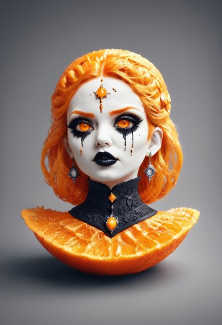 score_9, fantastical appearance of a female, gothic, heavy dark makeup with whimsical elements, magical fairytale landscape, fantasy style art, deep orange, black, white theme, intricate details, ultra sharp, exquisite detail, flawless composition, vivid colors, masterpiece, exciting background, orange peel style