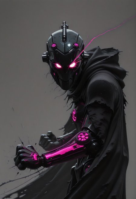 enistyle, head Closeup portait, eerie dark humanoid robot, cloak, glowing eyes, Side view, billowing cape,delivering punch, intricate technical details, fine wires, sci-fi themed, dynamic pose, atmospheric blue-pink sundawn, high quality, newest, best quality, high resolution, orb-head, ethereal, armored, sci-fi, atmospheric, dystopien, grey, gritty, eye-trails, fighting-stance, eye trail, zone-eyes