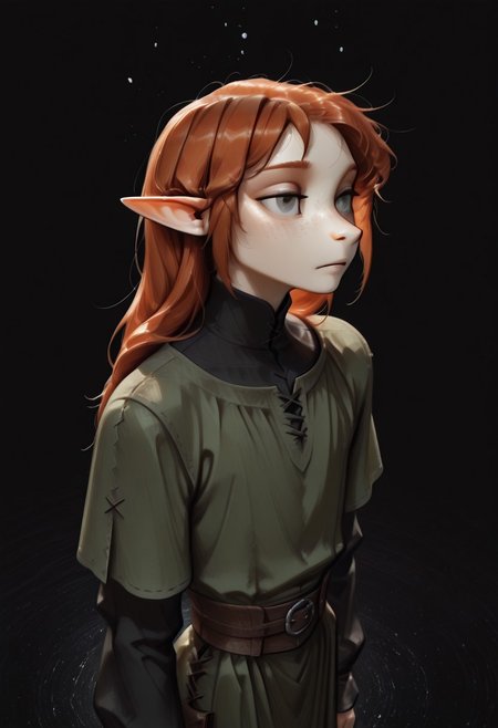 1person, (Lapanya), Malgha, freckles, 2 strands of hair sticking up, pointy ears, Long-sleeve black shirt, green tunic,
high angle, looking ahead, floating, wrleightless, 
Black background, void background, empty space background,
Source: semi-realistic