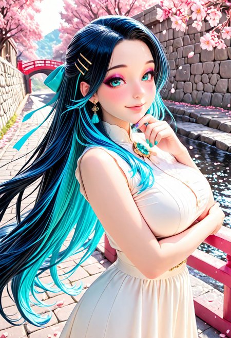 SmoothNoob_Quality, pink theme, 1girl, mature, pastel color hair, (black hair, blue hair, multicolored hair),  very long hair, hair ribbon, aqua eyes, hairpins, layered clothes, sleeveless, blouse, bows, ribbons, earrings, brooch, jewelry, lipgloss, long eyelashes, eyeshadow, blush, nail polish, multicolored nails, outdoors, cherry blossom trees, falling petals, wind, shadows, bridge, stone bridge, river, path, railing, wall, solo, happy, cowboy shot, looking at viewer, crossed arms, hand on chin, <lora:SLE_v2:0.2> <lora:Smooth_Booster_v3:0.5> <lora:All_Disney_Princess_-_Illustrious:0.3> <lora:IncaseStyle_NoobAI:0.25>