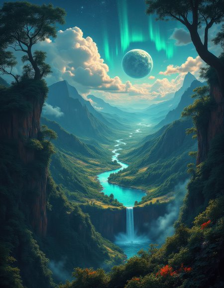 A breathtaking view of an untouched, primordial Earth: vast, lush continents covered in endless forests, vibrant meadows, and towering ancient trees glowing faintly with bioluminescent moss, crystal-clear oceans teeming with life, massive schools of glowing fish visible near the surface, waterfalls cascading from sky-high cliffs into turquoise lagoons, volcanoes gently smoking in the distance, vast mountain ranges covered in emerald greenery, the sky filled with dramatic cloud formations and glowing auroras, no signs of civilization, only pure nature thriving in its primal state, a cosmic view highlighting Earth's raw beauty from space, with distant stars and nebulas framing the scene, hyper-detailed, photorealistic, cinematic lighting, 8k, masterpiece, award-winning nature and sci-fi art