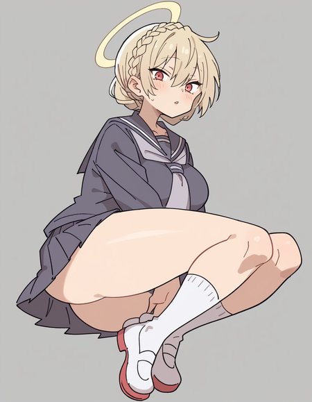 zPDXL, score_9, score_8_up, score_7_up, score_6_up, score_5_up, score_4_up, 1girl, solo,
 <lora:Maa:0.8> maa, flat color, serafuku, school uniform, pleated skirt, socks, white footwear, uwabaki, looking at viewer, halo braid, busty,