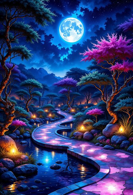 The Eclipsed Garden of Luminous Petals
A floating celestial sanctuary, where massive lotus-shaped platforms drift beneath a sky of deep indigo and golden threads of stardust. The marble walkways are embedded with glowing vines, their bioluminescence shifting from emerald to sapphire as they trace intricate patterns along the paths. Towering tree-like sculptures, carved from petrified wood and laced with brass filigree, cradle floating planters of radiant orchids and moss. The air is filled with the scent of night-blooming jasmine, damp cedar, and a whisper of ozone, accompanied by the distant chime of celestial wind harps.