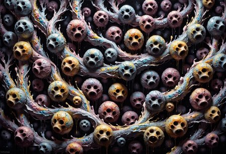detailed watercolor artwork inspired by ZdzisÅaw BeksiÅski of, (grotesque, organic, detailed) | A wall of stone covered with thousands of embedded human faces, each twisted in silent agony. | Foreground: the nearest faces are cracked and eroded, giving them a lifelike texture. | Background: shadows fill the crevices between faces, adding depth and an eerie presence. | Occasional faint murmurs seem to come from within the wall. (shadow-heavy, muted tones, intricate textures)