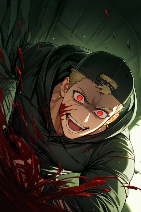 realistic shading, dimlighting, dramatic lighting, green theme, male focus, expressive angry face, urektg, shaded eyes, red_urektg_eyes, shaded face, blonde_urektg_short hair, white_urektg_backwards baseball cap, yellow_urektg_earrings, 1boy, glowing eyes, blood on face, wide-eyed, laughing, open mouth, hysterical, bloody hand, excessive blood, hood, torn clothes, muscular male, floating clothes, windy, shadow, night indoors prison, broken wall, scenery, dark environment, foreshortening, from above, dutch angle, dynamic angle, dynamic action, intricately detailed illustration, cinematic, depth of field, atmospheric perspective, masterpiece, best quality, amazing quality, very aesthetic, absurdres, newest, BREAK, dust particles, floating object