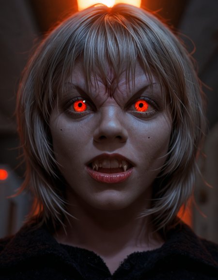 score_9,score_8_up,score_7_up,vmp,ayanami_rei, neon_genesis_evangelion, 1girl, blue_hair, red_eyes,from below,medium hair,yellow eyes,teeth,fangs,solo focus,looking at viewer,horror,photo,realistic,cemetery,dramatic lighting,chiaroscuro,depth of field,cinematic,standing