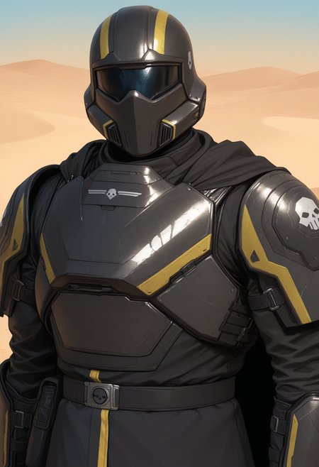 h3lldiv3r, armor, half-length portrait,  three-quarter view, male focus, outside, desert, cape, colored background, detailed, perfect anatomy, masterpiece, best quality, good quality, newest, very aesthetic, <lora:HelldiverB-01_Helldivers2_V1_ILXL:0.8> <lora:NOOB_vp1_detailer_by_volnovik_v1:1>