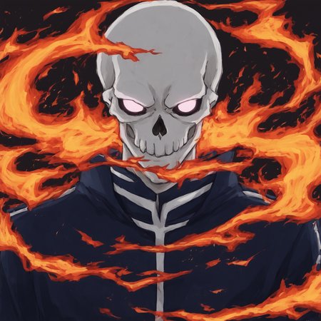 <lora:SlimesAtsushiOhkuboStyle:1>, slimes_atsushistyle, skull knight, portrait, blue flames, burning background, art by Atsushi Ohkubo