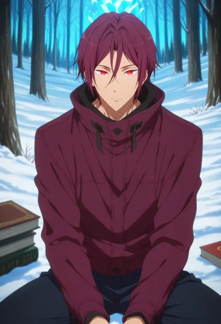 masterpiece, best quality, , anime screencap, , official style, looking at viewer, 1boy, solo, male focus, <lora:rin_matsuoka_ilxl:1>, rin_matsuoka, red hair, red eyes, hair between eyes, quiet cabin, glowing hearth, snow-draped forest, scattered books, sitting pose, reflective expression, winter warmth,