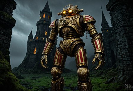 giant bipedal robot brass and dirty red/yellow candy striped paint, bronze paisley robot. lacy robot metal. diving helmet torso head. outside of a steampunk keep. large detailed torso. dark image. one forty foot tall ancient robot with great arms and two heavy spring legs. dark foggy night background. $dark foggy night image only. dark photo realistic image. steampunk details. cogs, chains and pipes incorporated in the fantasy buildings. magic wizards tower in background. Dark swamp, moss, castle ruins, wizards tower. stormy dark night. stormy sky. rain. no head