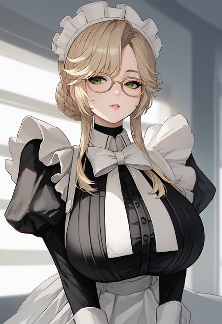 score_9, score_8_up, score_7_up, source_anime BREAK 1girl, solo, <lora:maeshimashigeki-artist-richy-v1_pdxl:1>  <lora:ade-nikke-richy-v1_pdxl:1> ade, green eyes, glasses, blonde hair, bangs, braid, hair bun, maid, maid headdress, white bow, juliet sleeves, puffy sleeves, frills, maid apron, huge breasts