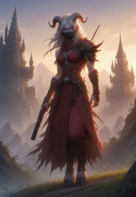 (absurdres, best quality, masterpiece:1.4), score_9, score_8_up, score_7_up, score_6_up, detailed, detailed body, detailed face, world of warcraft, fantasy, 

fFaceDetail, SkinDetail, ((female, draenei, tall, athletic arms, pale white skin, smooth skin, long white hair, purple eyes, no pupil, no sclera, long white tail), (h0rns, ram horns, white horns), 
(long fingers, purple fingernails, purple nail polish)), 

(long loose red dress, simple armlet, black facemask, red silk scarf), GunMonk, shotgun, holding shotgun,

full body, side view

outdoor, evening, mountains, sunset