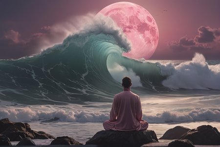 <lora:Movie_aesthetic_XL:0.8> a man meditating on the sea, giant wave hitting the coast, canon, reflex camera, cinematic, pink moon, hyperrealistic, photo realistic,  <lora:epiCRealismHelper:0.6> <lora:One_Point_perspective:0.6>
