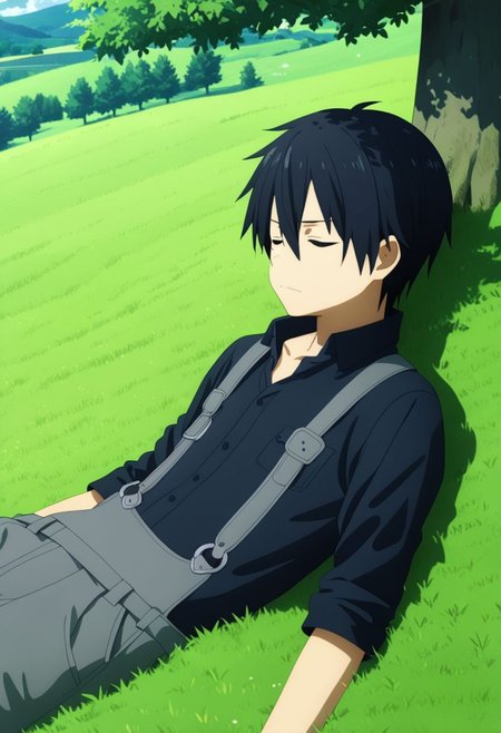 high resolution, professional photography, best quality, 1Boy, Kirigaya Kazuto, Black Hair, Black Eyes, overalldetail, relax, nap, sleepy, meadow, hill, bush, grass, under a shady tree, gentle breeze