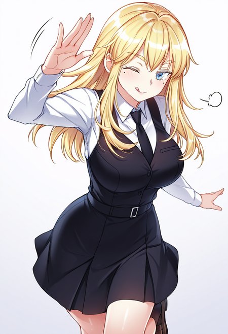 Smooth Quality,masterpiece,very intricate, high quality details, ultra realistic, high detailed skin,detailed enviorement,absurdres,
simple background, white background, dancing,skindentation, solo,from above,open hand,
 <lora:Laura_Zeppelin_CNR:0.8>laura_cnr, 1girl, blonde hair, long hair, blue eyes, mole under eye, large breasts,laura_uniform_cnr, school uniform,white shirt, collared shirt,black vest,black necktie,plaid skirt,black dress, pinafore dress, long sleeves, socks, shoes,, sigh,, ;q,