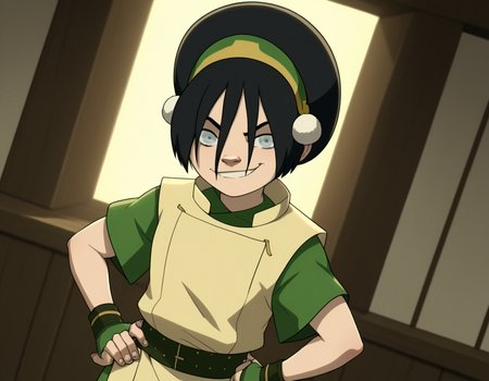 score_9, score_8_up, score_7_up, source_anime, <lora:toph-beifong-book2book3-ponyxl-lora-nochekaiser:1>, toph beifong, black hair, hairband, blind, grey eyes, hair between eyes, short hair,, shirt, green shirt, vest, belt, short sleeves,, indoors, smug, smile, looking at viewer, solo, hands on hips,, cowboy shot, dutch angle