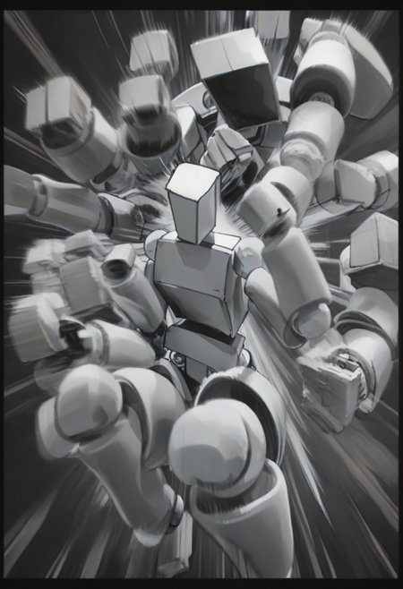 Score_9, score_8_up, score_7_up, BoxPerson, monochrome, greyscale, no humans, robot, mecha, humanoid robot, rushpunch,punching,multiple hands,fists,clenched fists,(motion_blur:1.2),(motion line:1.1),speed_lines