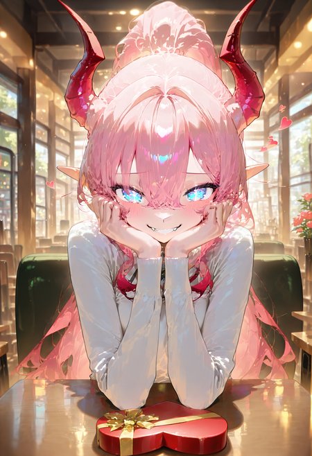 masterpiece, best quality, amazing quality, very aesthetic, absurdres, newest, scenery, 1girl,solo, heart-shaped box, incoming gift, happy valentine,  <lora:add-detail-xl:1.5> <lora:illustrious_noobai_epsilon_pred_1_best_quality_v1:0.8><lora:illustrious_noobai_epsilon_pred_1_masterpieces_v1:0.8> perfect hands, perfect fingers, smooth hair, detailed hair,indoors, restaurant, desk, flowers, sitting, 
<lora:Lynn_Pink_Illustrious:1> Lynn Pink, blue eyes, ponytail, horns, pointy ears, fangs, (((adult))) small breasts, looking at viewer, blushing, warm smile, tilted head, shy, hands on cheecks, head resting on hands, 
masterpiece, best quality, amazing quality, very aesthetic, absurdres, newest, scenery