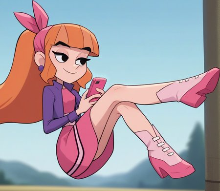 teodora, score_9, score_8_up, score_7_up, score_6_up, score_5_up, score_4_up,source_anime, 2d anime, masterpiece 2d art, teodorapony,1girl, solo, jewelry, earrings, long hair, orange hair, black eyes, bandana, bangs,  ponytail,smiling ,looking at viewers, full body, floating, (depth of field:1.4), (flower garten:1.4),holding a smartphone <lora:teodorapony:0.8>