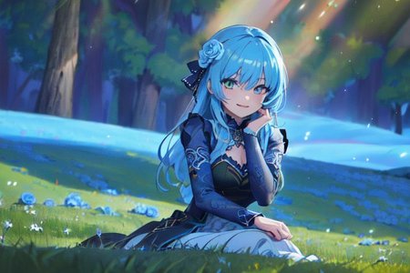 (masterpiece:1.4), 4K8K, (anime style), (high shutterspeed:1.4), (sharp edges), 
SyFyEye1, FanFo, 
1woman  hands togather,  leaning foward, face focus, smile, closed mouth, 
wearing Celtic style dress, (Detailed face, Detailed eyes, Detailed lips), (solo), 
blue hair, any colored roses, Fantastic, grass firld,