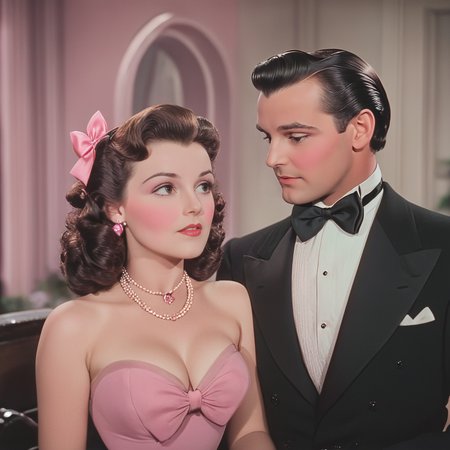 <lora:30sTechnicolorMovieV2SDXL:1> ArsMovieStill, movie still from a 1930s technicolor movie, The image shows a man and woman in formal attire with the man wearing a black blazer white shirt and bow tie and the woman wearing a pink dress and a necklace. The background is blurred giving the image a dreamy romantic feel., 1girl, 1boy, jewelry, necklace, hetero, breasts, cleavage, bow, formal, bowtie