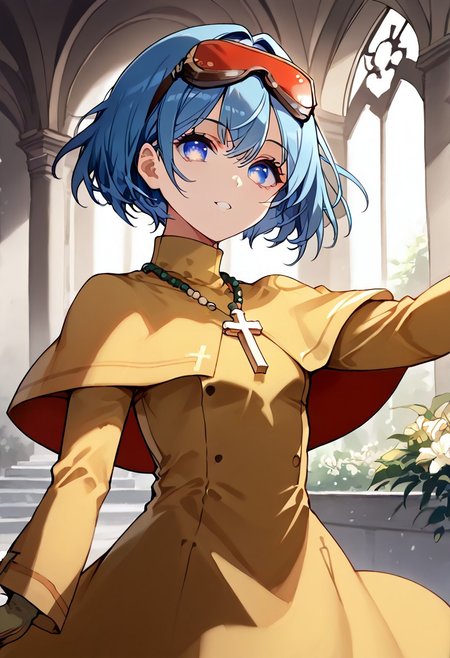 score_9, score_8_up, score_7_up, score_6_up, score_5_up, score_4_up, detailed, intricate details, source_anime, , (best quality) , (highly detailed) ,((masterpiece)), ((best quality)), (ultra-detailed), ((extremely detailed)), (high resolution), 4K, (8K), best quality, (beautiful), (dynamic lighting), (super detailed skin), sharp focus, (1_girl, solo focus), score_9,score_8_up,score_7_up,anime coloring,, <lora:liley1024a-sdxl-000021:1>, lucexlp, 1girl, solo, short hair, blue eyes, blue hair,, ,spanish inquisition,cross necklace,, Yellow robes. goggles on head, Yellow dress, Yellow capelet, long sleeves, Yellow gloves, turtleneck, hands outstretched, delivering a sermon with fervor to a congregation filling the pews, stained glass windows casting colorful patterns onto the scene, architecture reflecting Gothic influence, ambient sunlight filtering through, capturing a spiritual moment, "Please donate to the church of BUZZ!". 
 , detailed face and detailed skin <lora:add-detail-xl:1.0> ,(((feminine bodies))),(((perfect anatomy))),
