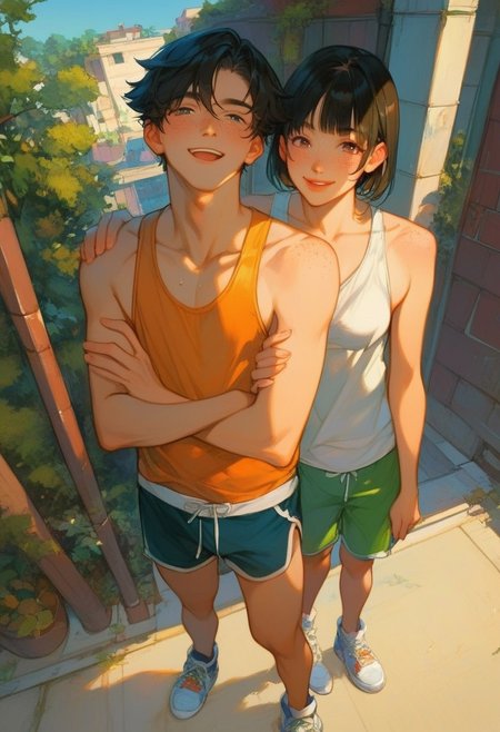 score_9, score_8_up, score_7_up, score_6_up, score_5_up, score_4_up, 1girl, 1boy, couples, outdoors, sports were, semi-realism, detailed render, lovely feeling, shadows, cinematic lighting, hyperdetailed, love, painting by Ismail_Inceoglu Tom_Bagshaw and Dan Witz CGSociety, fantasy art, best quality Backlights, ultra-detailed quality, dynamic angle, 4k quality, intricate details, 
BREAK, 
1girl, cute girl, medium breasts, long hair, moles, dolphin shorts, tank top, sweaty, cute, kawaii, petite body, bangs, boring mode, hime-cut, crossed arms, sneakers, freckles female, 
BREAK, 
1boy, short hair, black hair, handsome boy, smile, taking selfie, pants and shirt, male